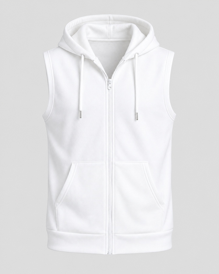 Gilet blanc sans manches à capuche, vue isolée de face