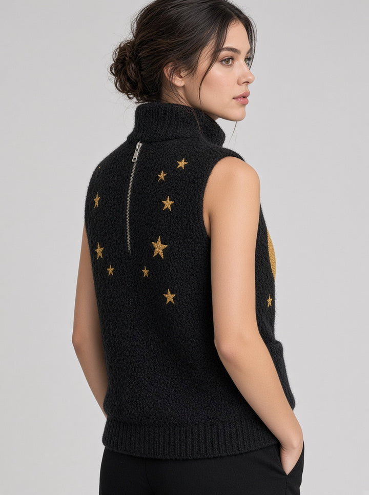 Gilet zippé noir à motifs de lunes — vue de dos trois-quarts