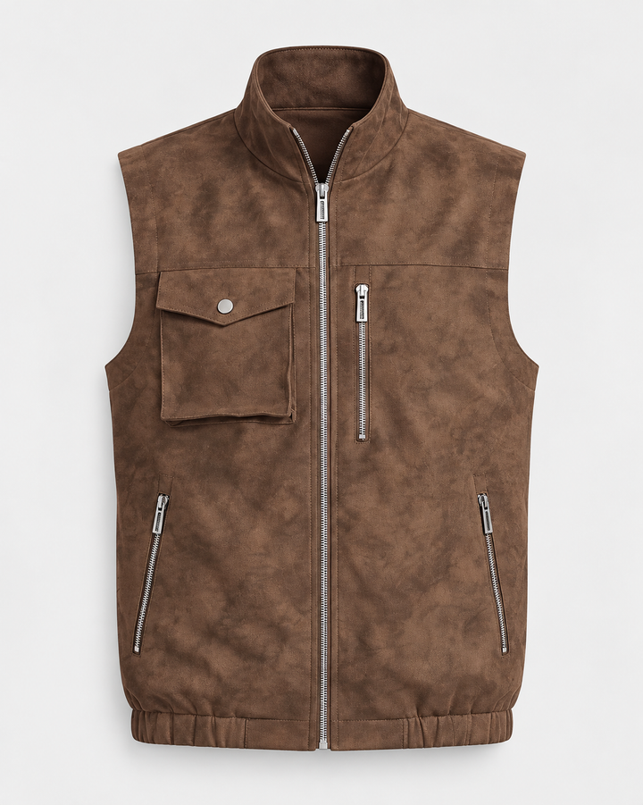 Gilet café sans manches zippé à poches, vue isolée de face
