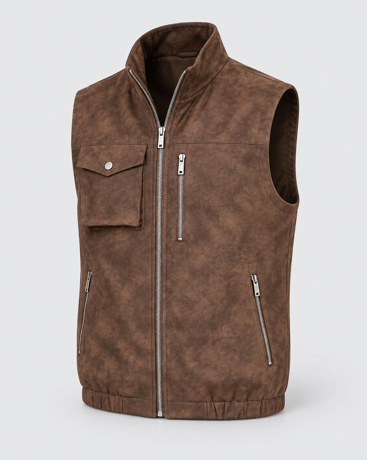 Gilet café sans manches zippé à poches, vue isolée de trois quarts
