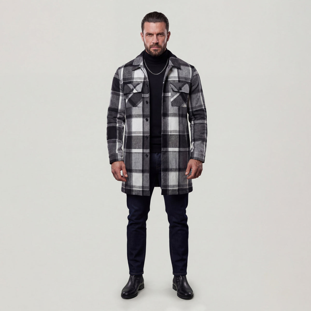 Manteau à grands carreaux noir et gris — vue portée en pied