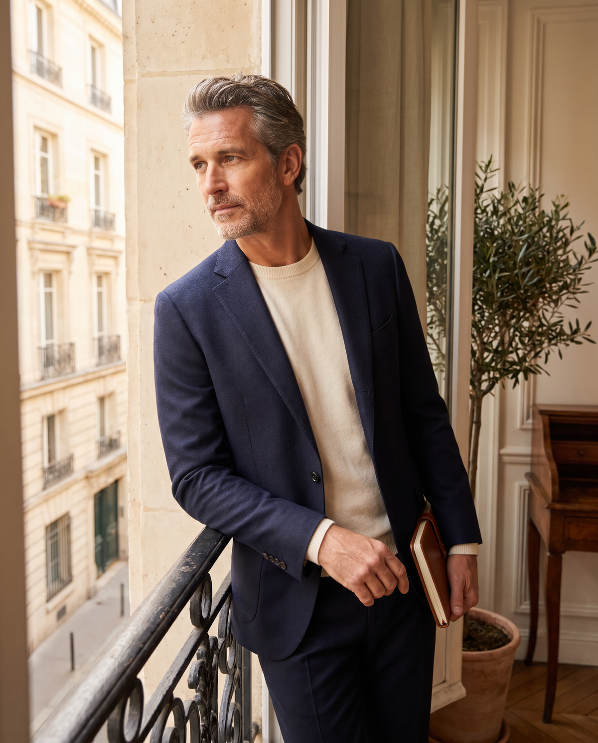 Veste de costume bleu indigo — vue portée, appuyé à un balcon