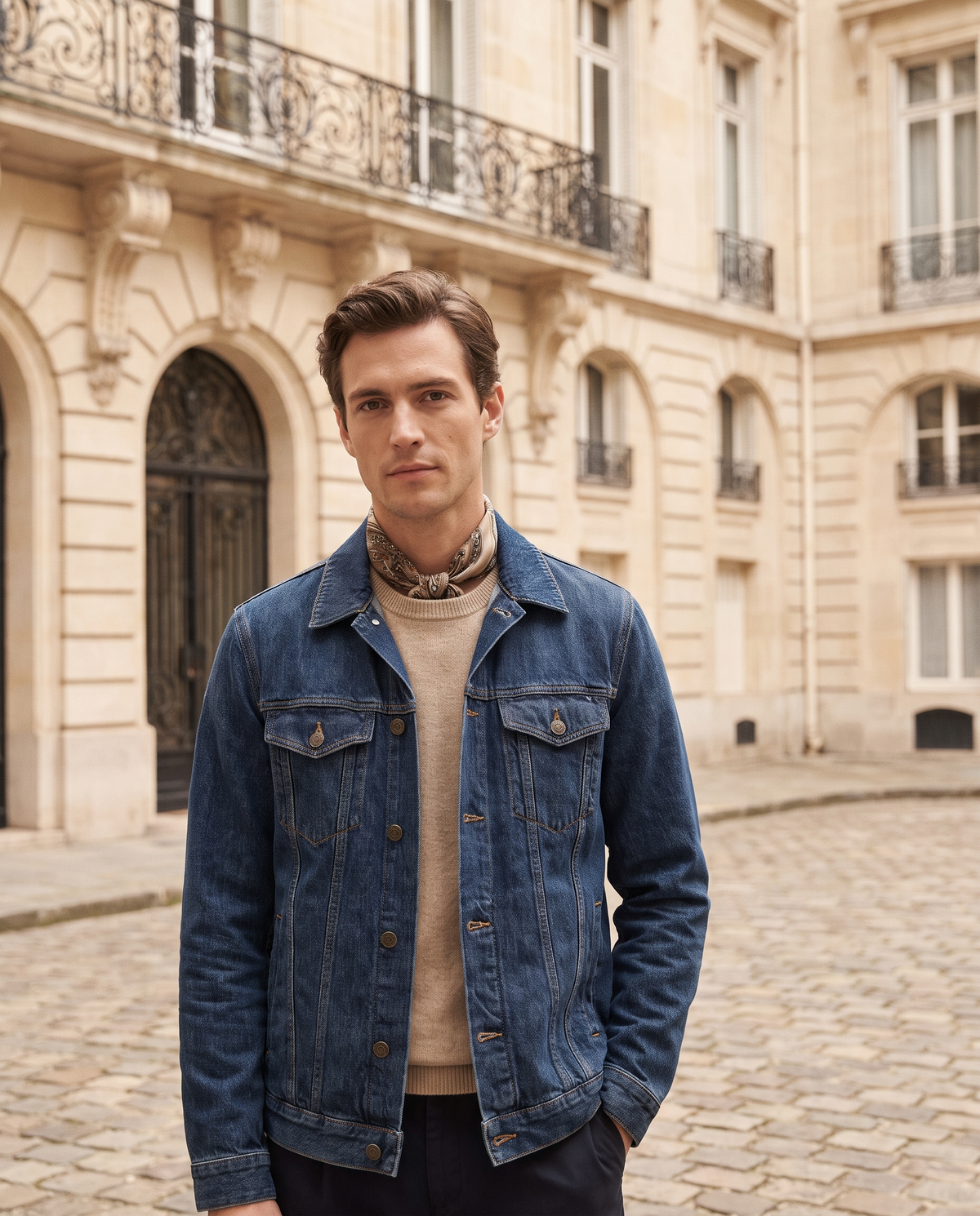 Veste Alpine denim — vue d'ambiance en extérieur, dans la rue