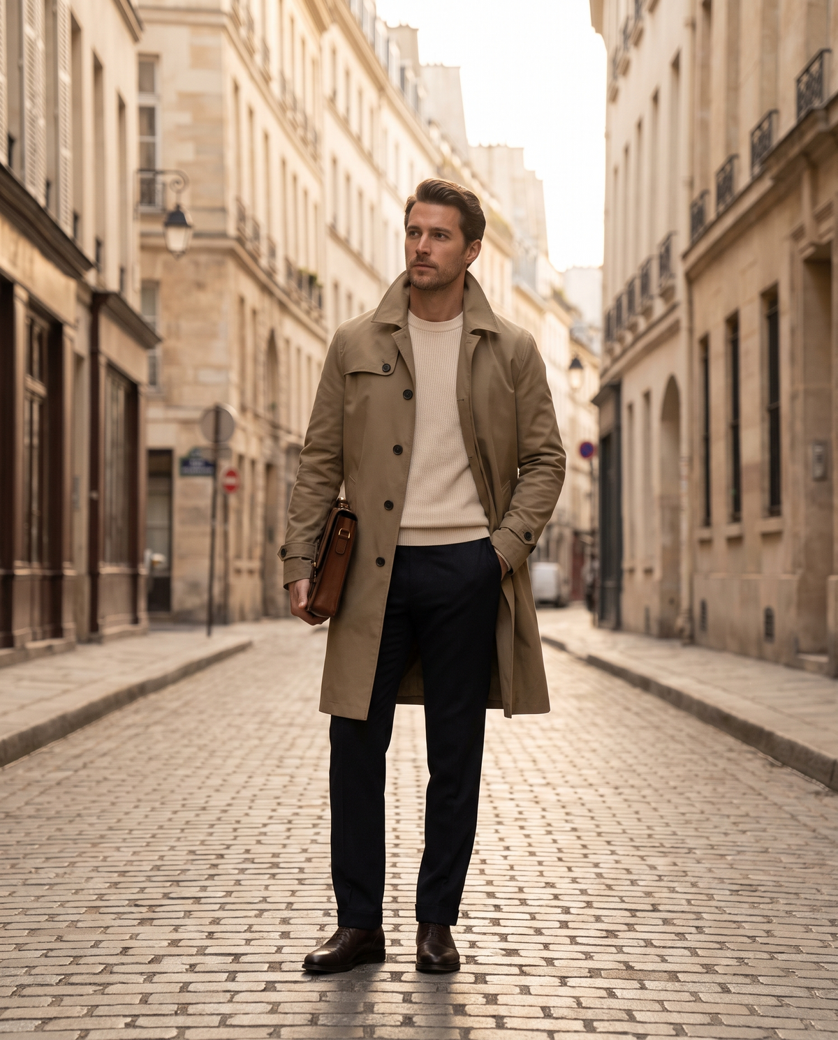 Imperméable Mac beige — vue portée en marche, en ville