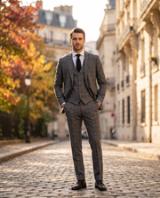 Costume 3 pièces tweed gris, rue parisienne en automne