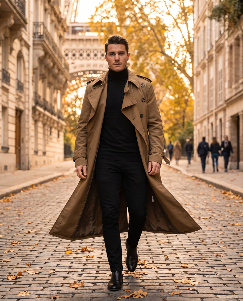 Manteau chaud Edouard — vue portée en marche, manteau ouvert