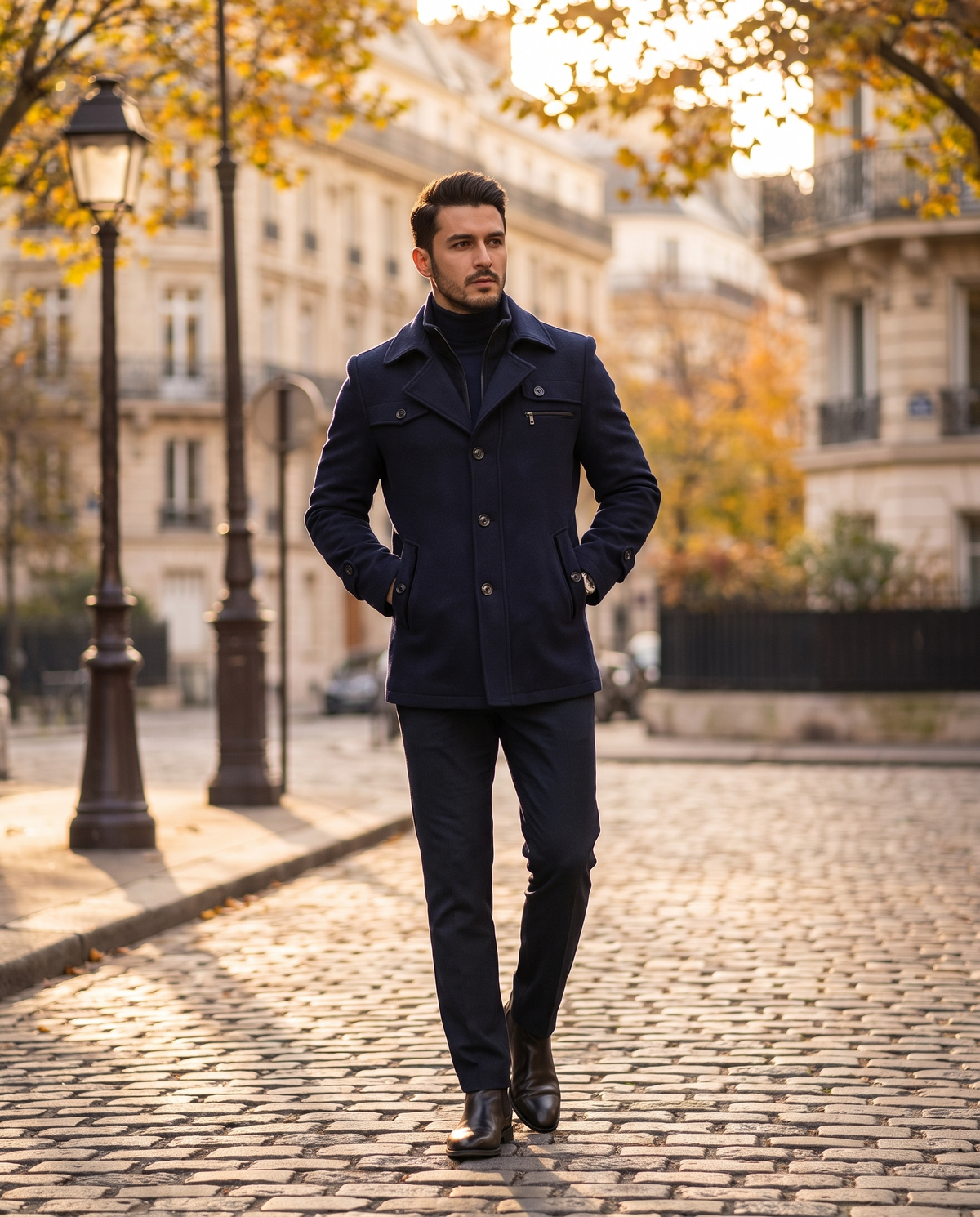 Manteau caban Aristide — vue portée en marche, en pied