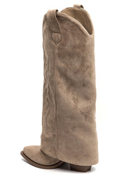 Bottes hautes à surpiqûres — vue de profil, une seule botte, talon et daim