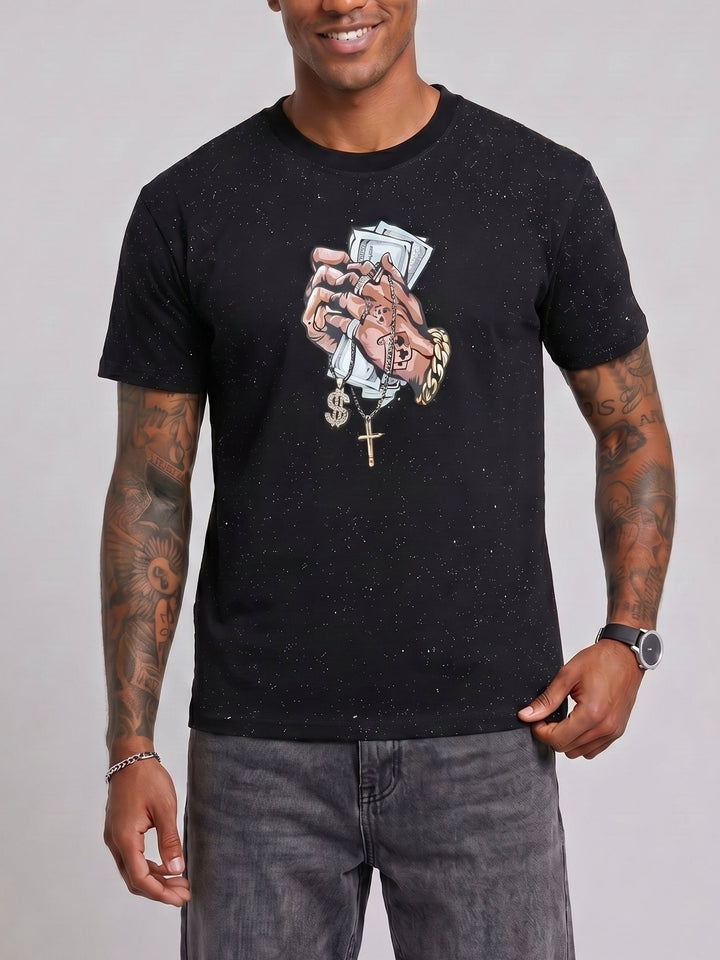T-shirt effet ciel étoilé noir, vue portée de face
