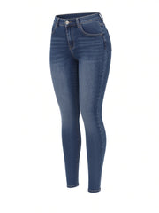 Jean ajusté bleu foncé taille haute, pièce seule, vue de 3/4