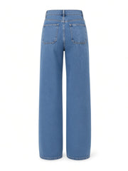 Jean bleu taille haute à jambes larges, pièce seule, vue de dos
