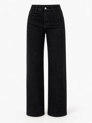 Jean jambe large à strass noir, pièce seule, vue de face