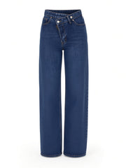 Jean taille haute bleu marine jambe large, pièce seule, vue de face