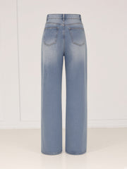Jean taille haute jambe large bleu clair, pièce seule, vue de dos