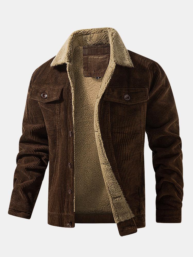 Veste côtelée café vue de face, ouverte sur une doublure effet teddy