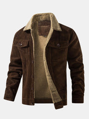 Veste côtelée café vue de face, ouverte sur une doublure effet teddy