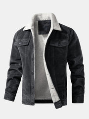 Veste côtelée grise vue de face, avec doublure effet teddy