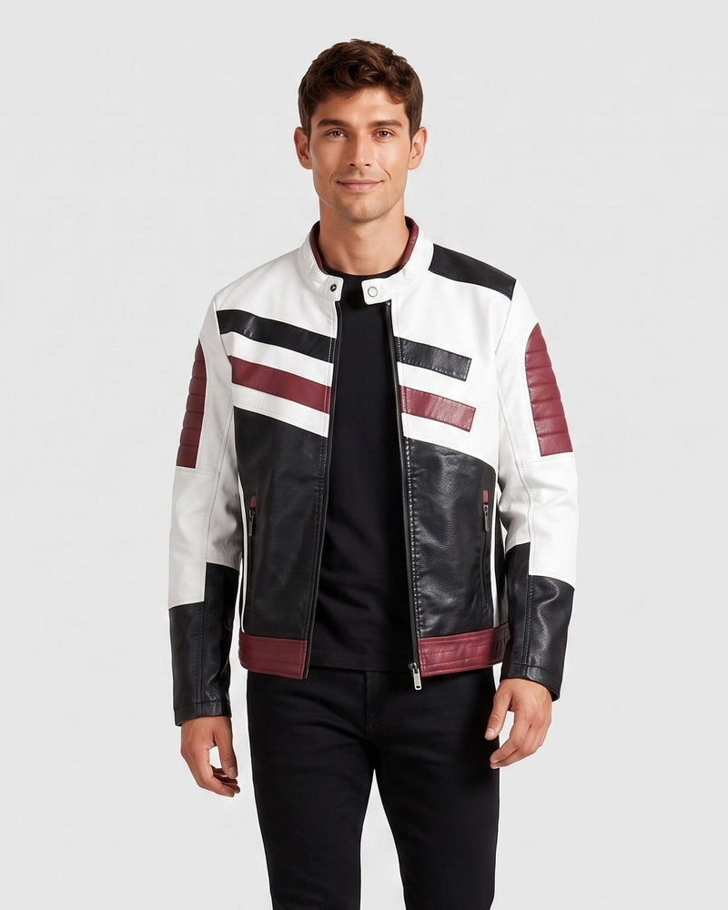 Veste col montant poches zip — silhouette de face, bicolore blanc et noir