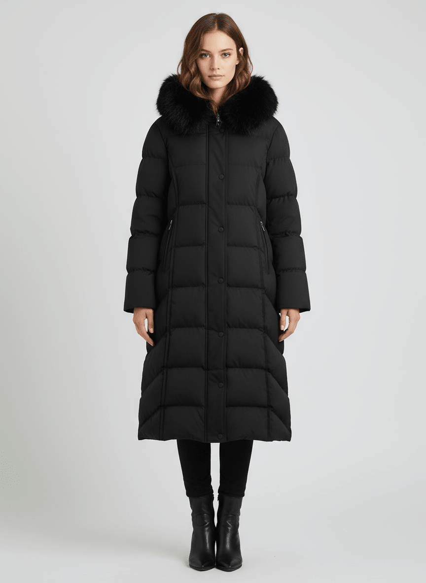 Manteau matelassé noir à bordure duveteuse — vue portée de face.