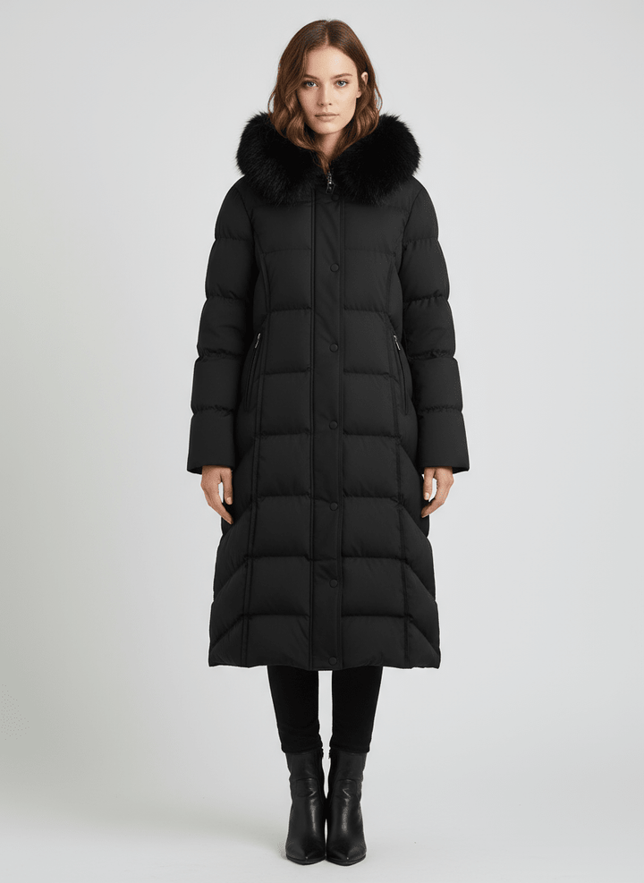 Manteau matelassé noir à bordure duveteuse — vue portée de face.