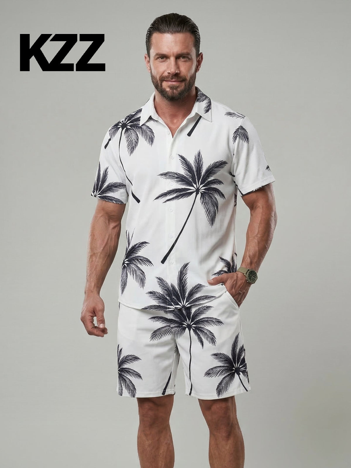 Ensemble polo short palmiers — blanc porté en pied de face, imprimé palmiers noirs