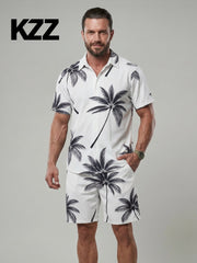 Ensemble polo short palmiers — blanc porté en pied de face, imprimé palmiers noirs