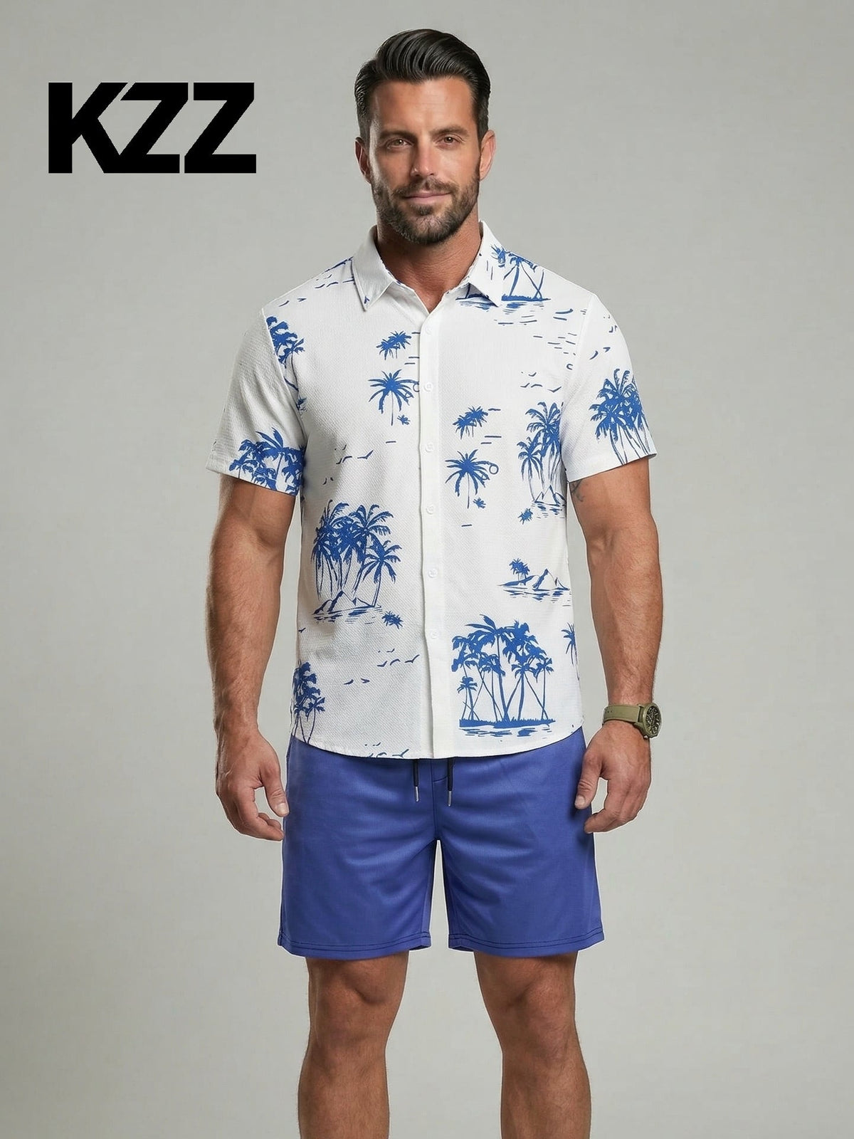 Ensemble chemise cocotier et short — porté en pied de face, chemise blanche à cocotiers bleus