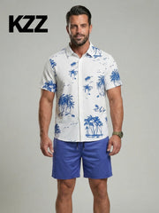 Ensemble chemise cocotier et short — porté en pied de face, chemise blanche à cocotiers bleus
