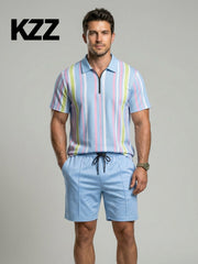 Ensemble polo rayé zippé short — porté en pied de face, polo rayé bleu ciel, rose et vert