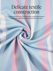 Ensemble polo rayé zippé short — gros plan du tissu rayé bleu ciel et rose
