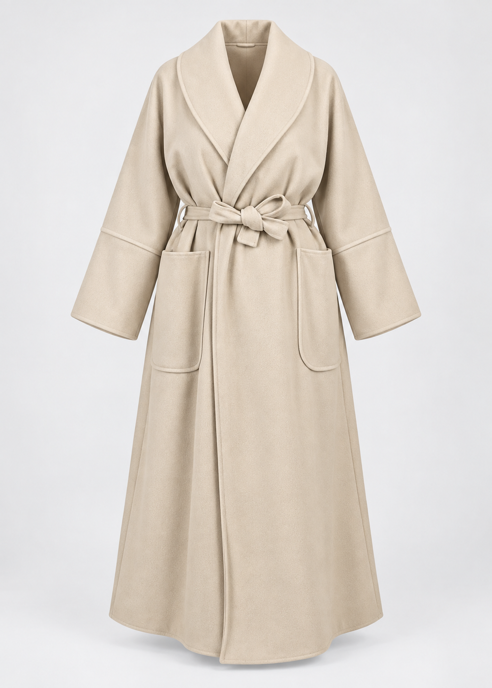 Manteau beige à ceinture, pièce isolée de face