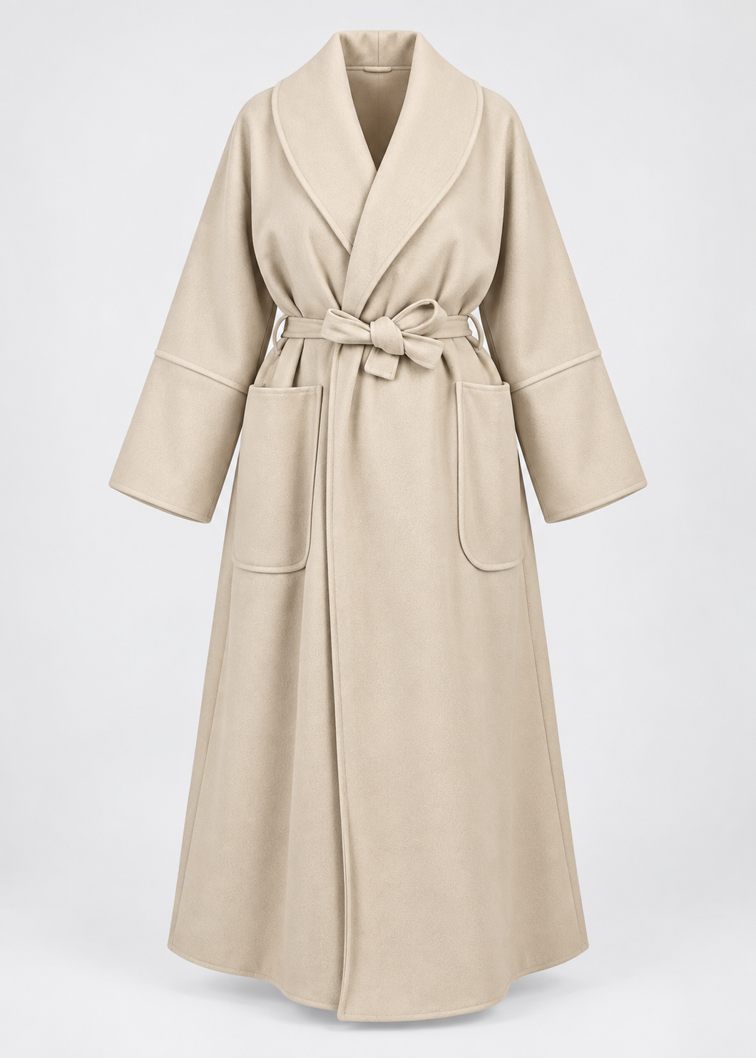 Manteau beige à ceinture, pièce isolée de face