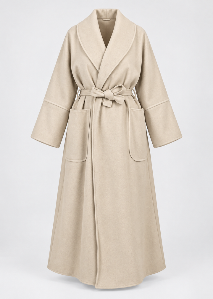 Manteau beige à ceinture, pièce isolée de face
