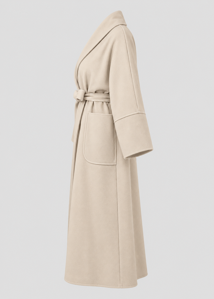 Manteau beige à ceinture, pièce isolée de profil