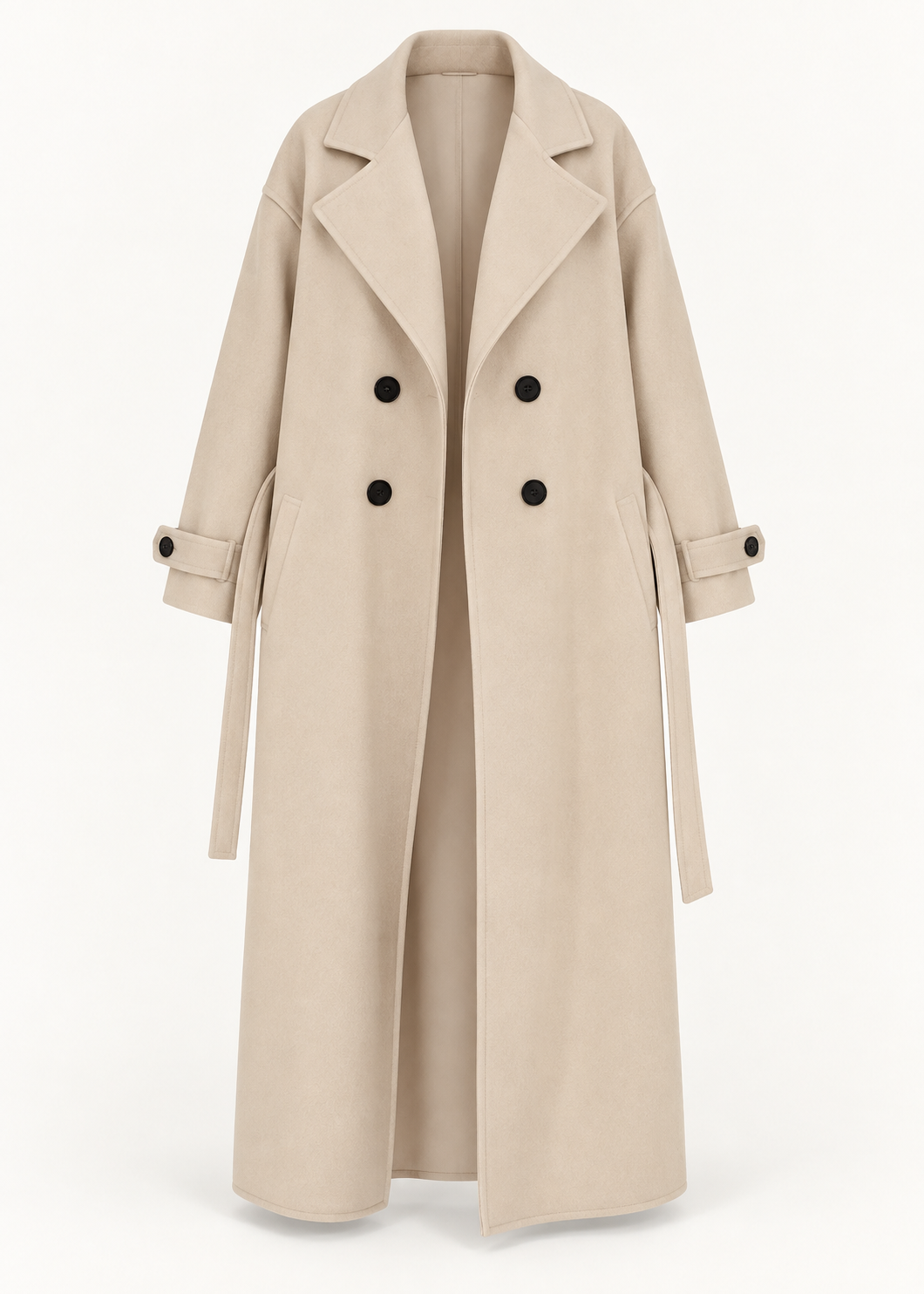Manteau beige à double boutonnage, vue de face de la pièce isolée