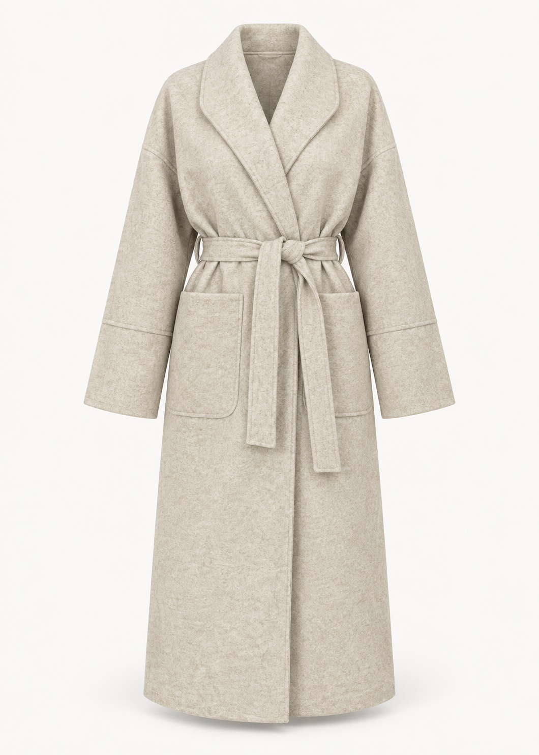 Manteau long beige à poches plaquées, vue de face de la pièce isolée
