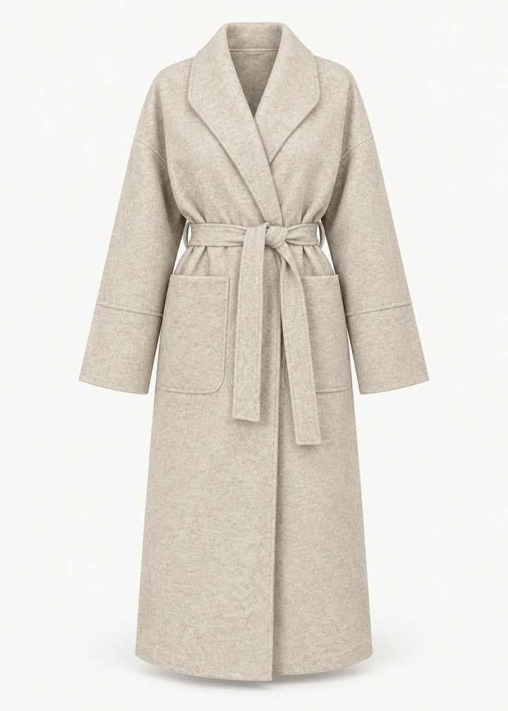 Manteau long beige à poches plaquées, vue de face de la pièce isolée
