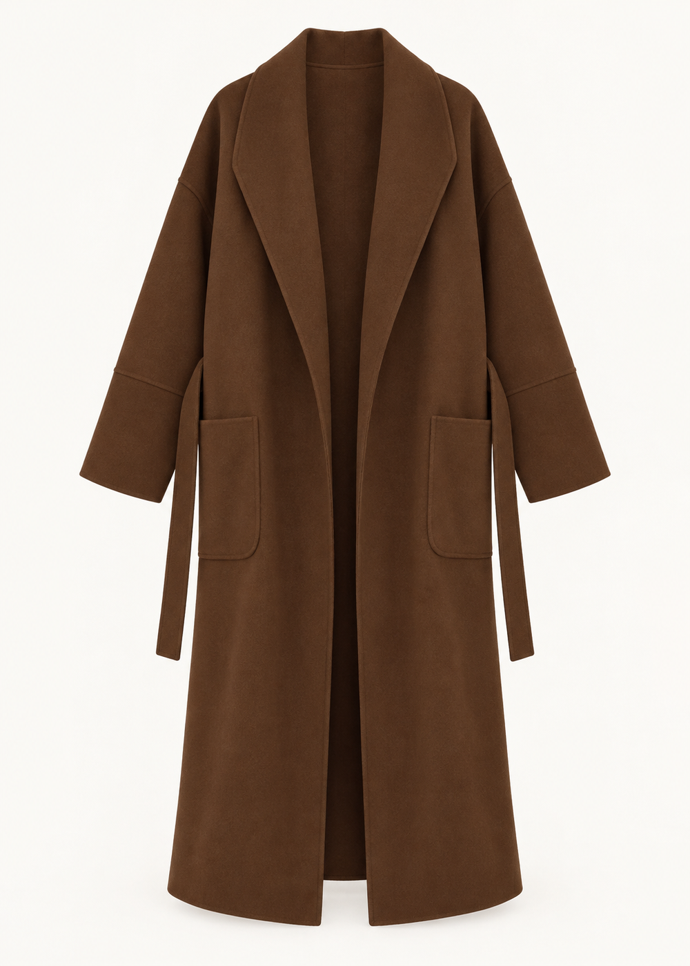 Manteau brun à ceinture, vue de face de la pièce isolée