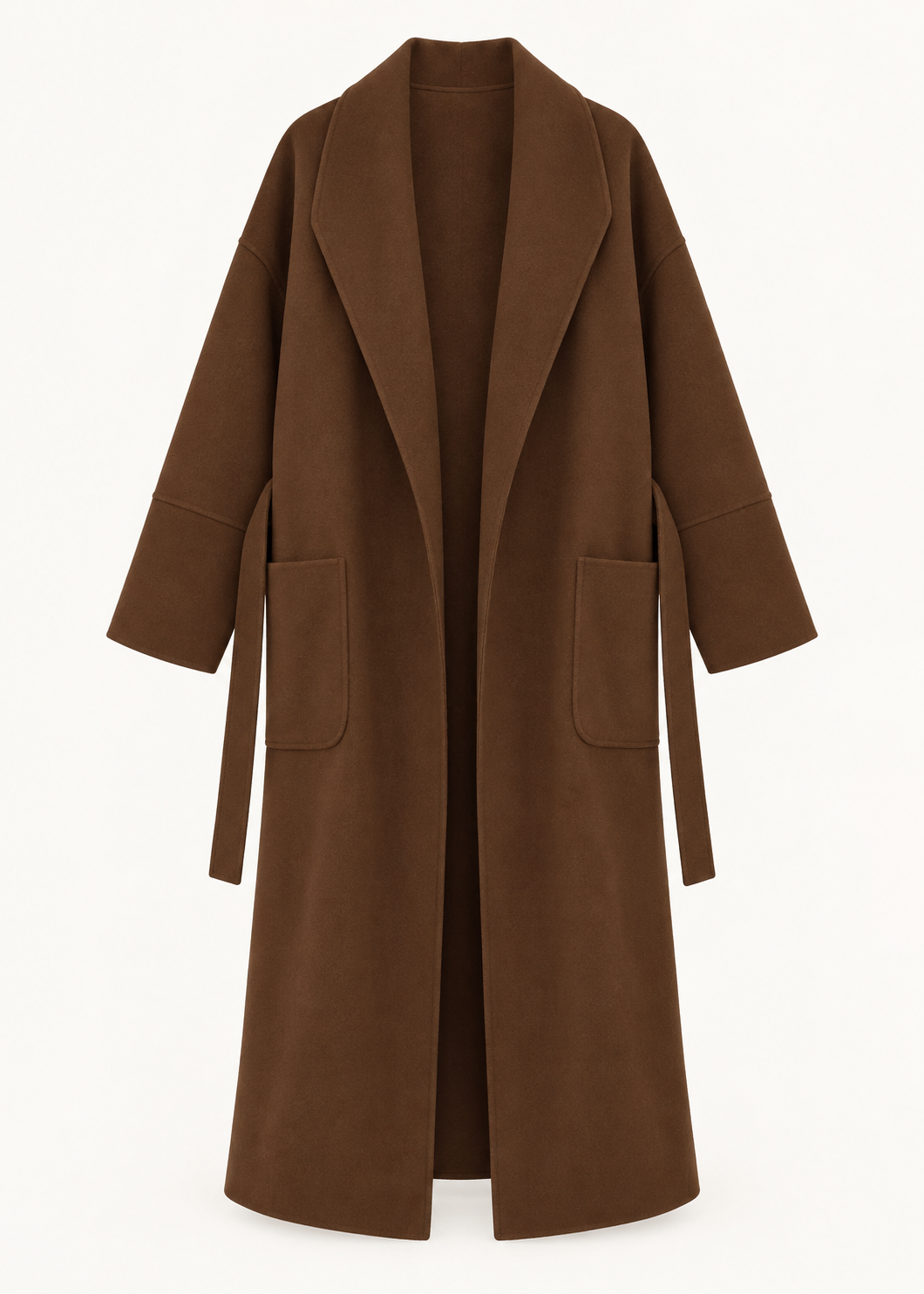 Manteau brun à ceinture, vue de face de la pièce isolée