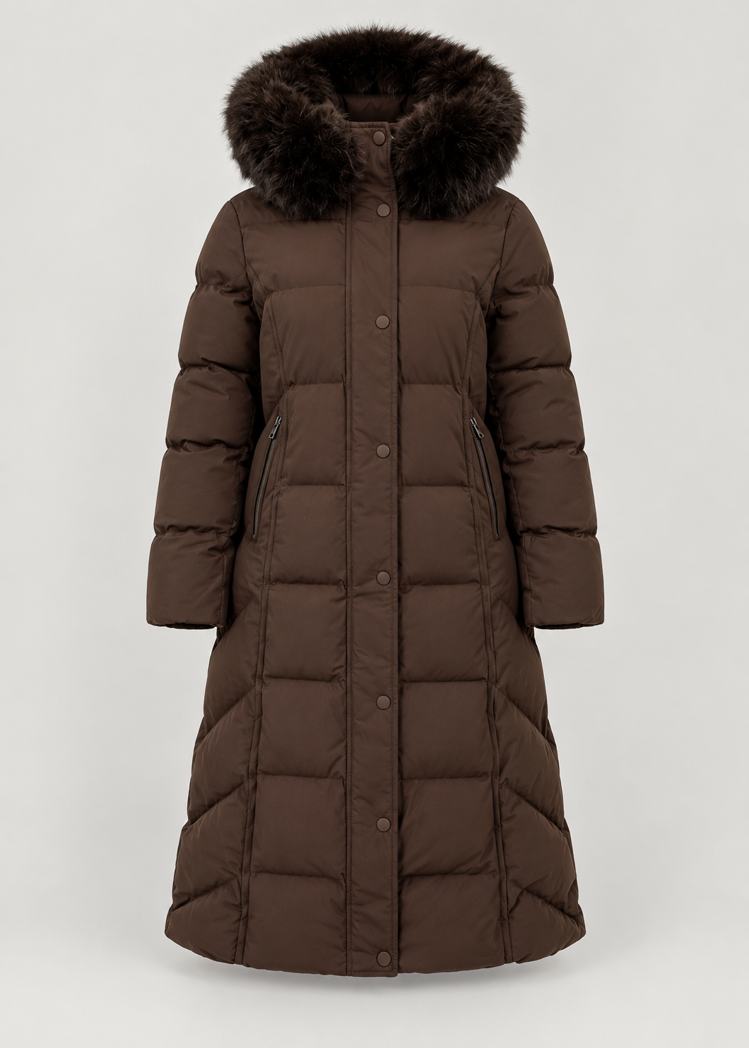Manteau matelassé brun à capuche — pièce isolée, vue de face.
