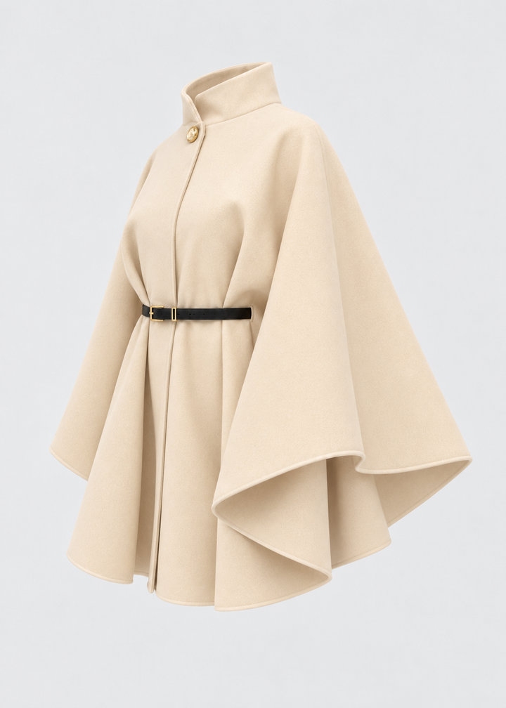 Manteau cape beige à ceinture, pièce isolée de trois-quarts
