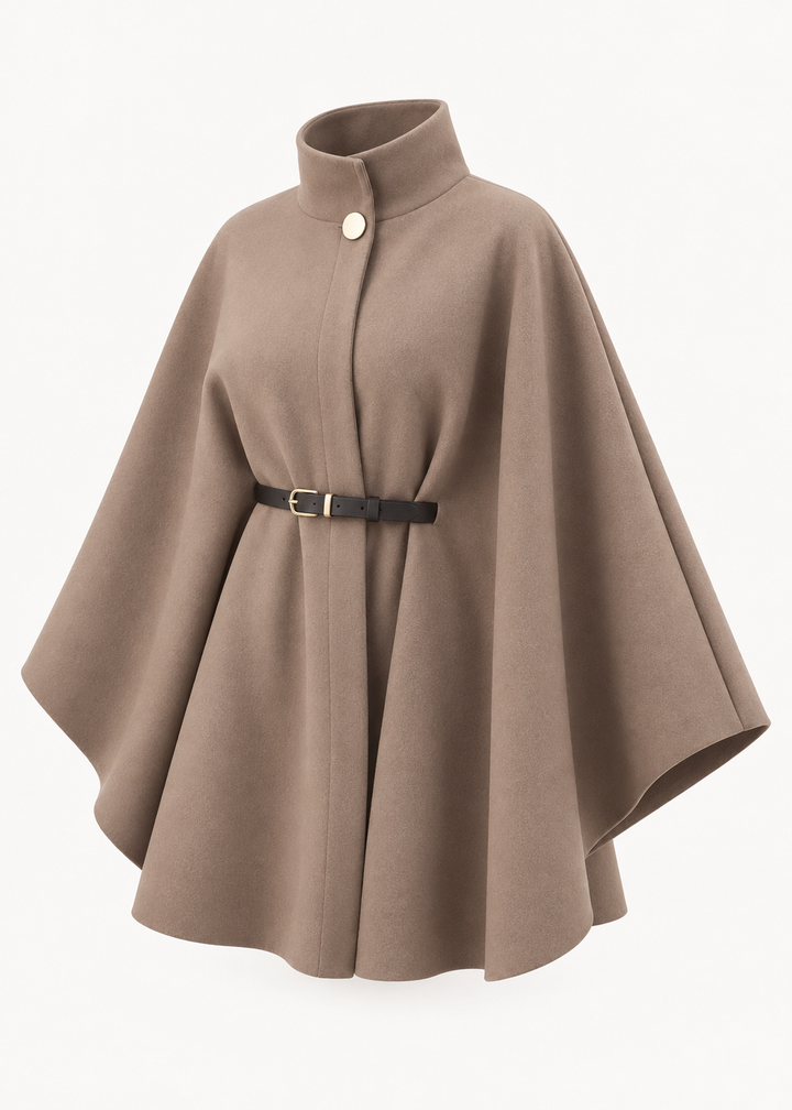 Manteau court taupe à ceinture, vue isolée de trois quarts sur fond clair