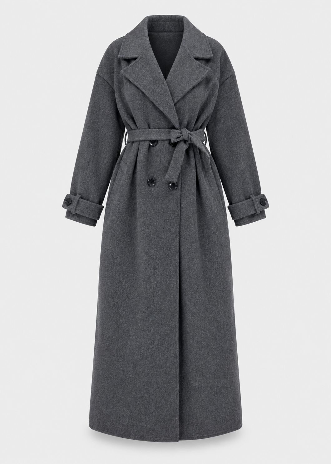 Manteau long gris foncé à boutons — pièce isolée, vue de face.