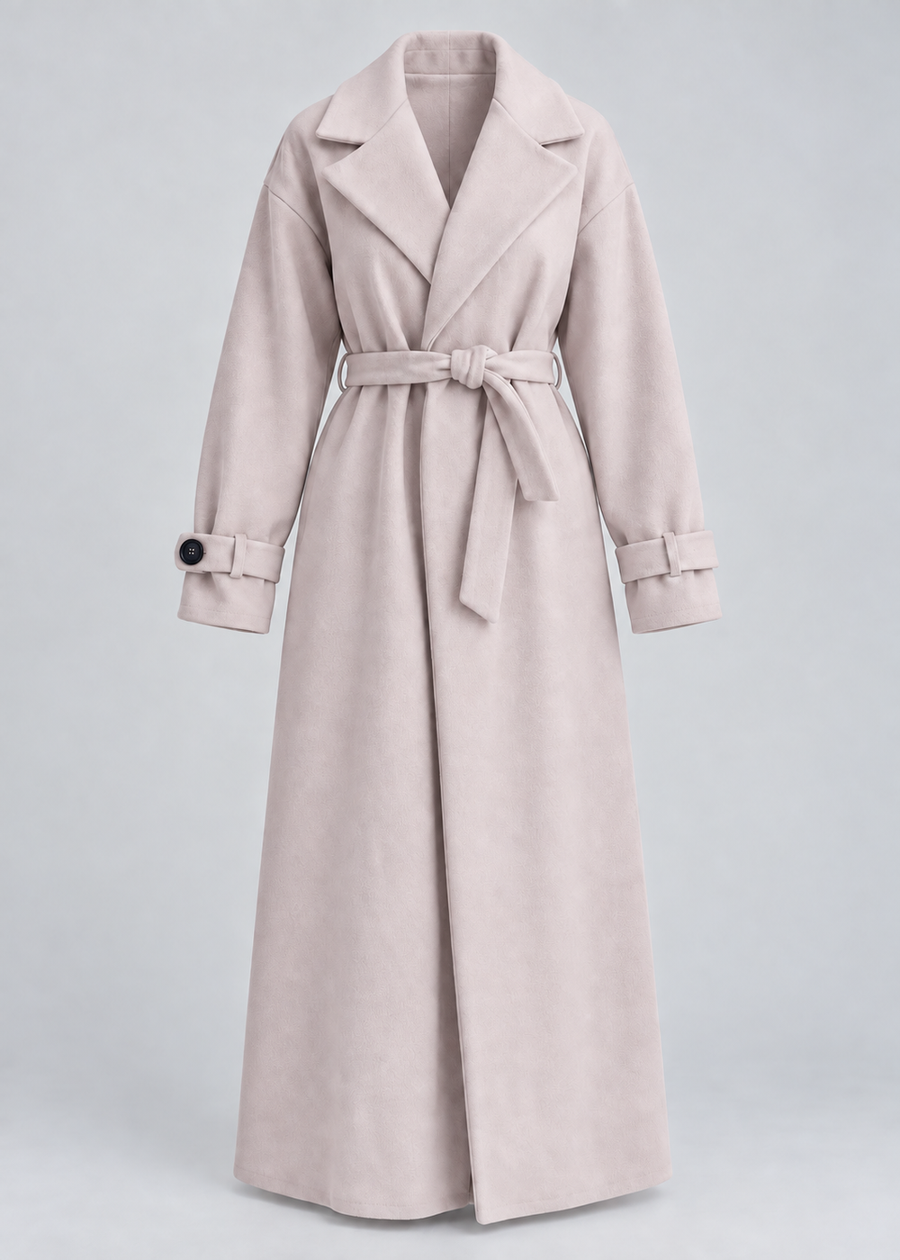 Manteau long beige à ceinture, pièce isolée de face