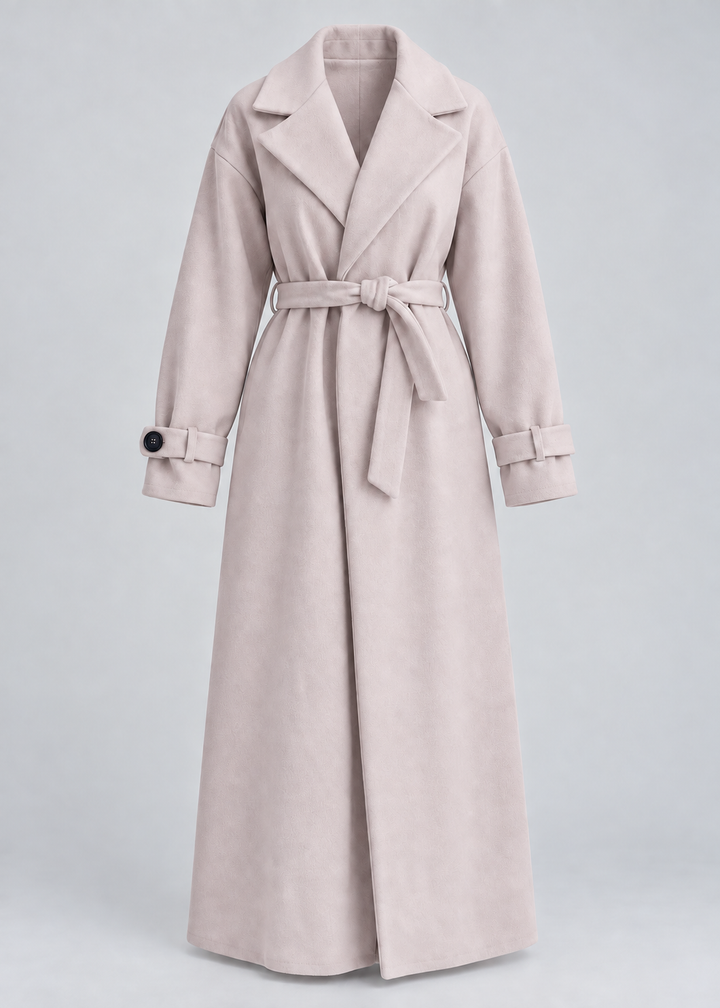 Manteau long beige à ceinture, pièce isolée de face