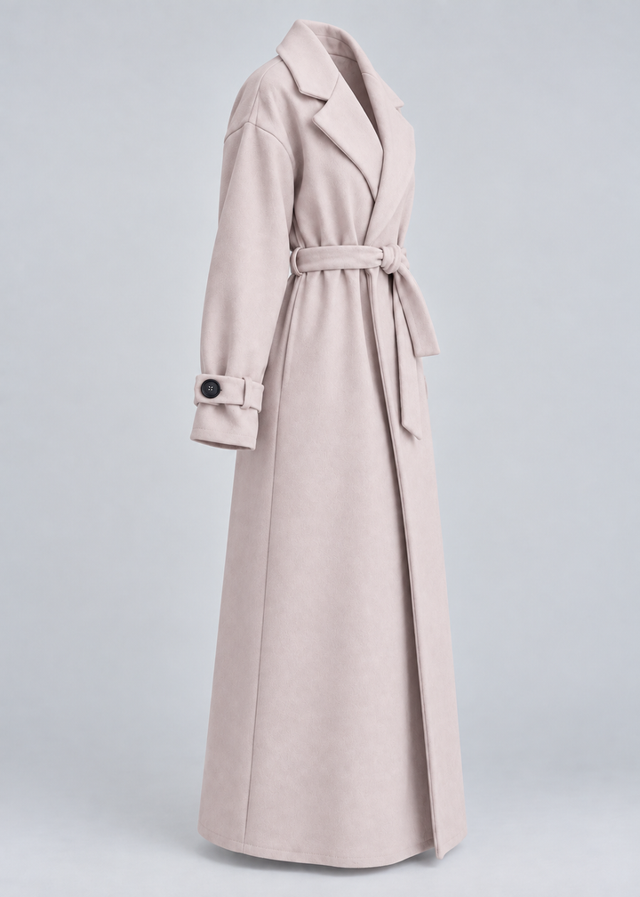 Manteau long beige à ceinture, pièce isolée de trois-quarts