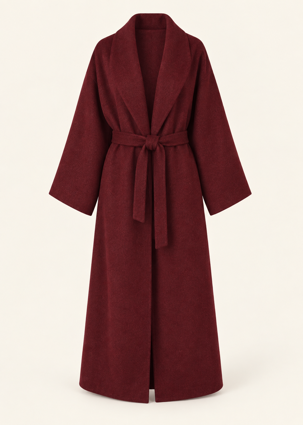 Manteau long bordeaux à ceinture — pièce isolée, vue de face.