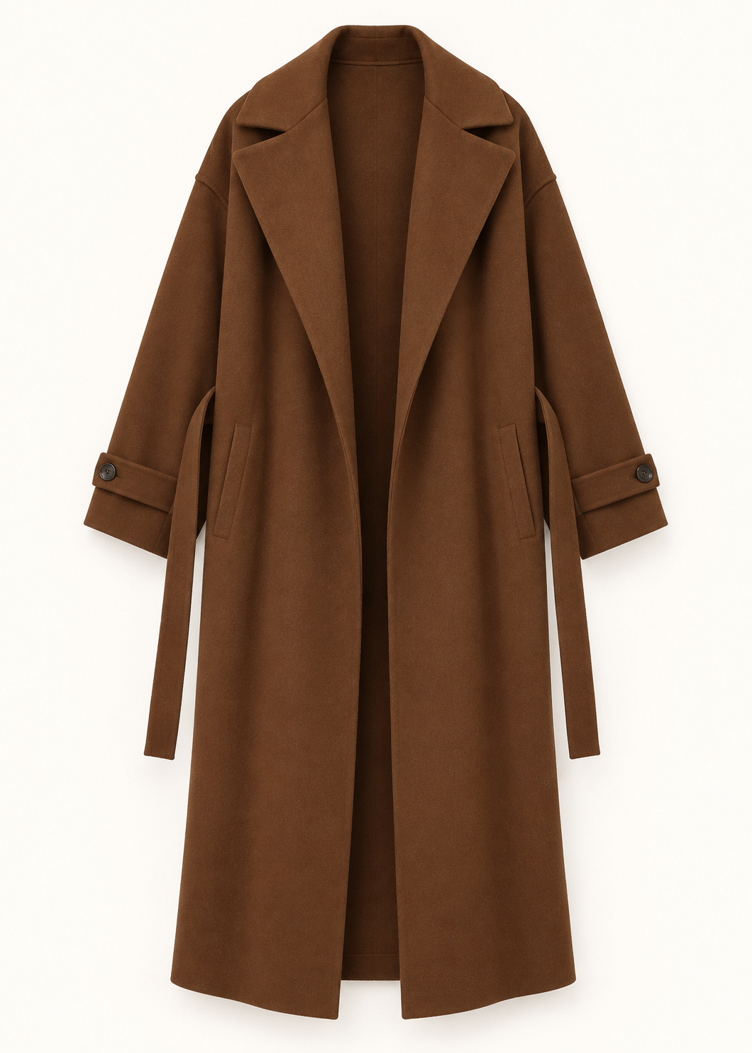 Manteau long brun à ceinture, vue de face de la pièce isolée