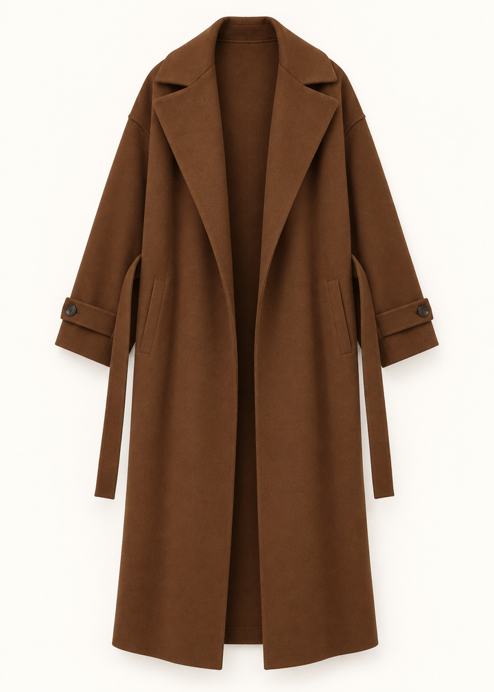 Manteau long brun à ceinture, vue de face de la pièce isolée