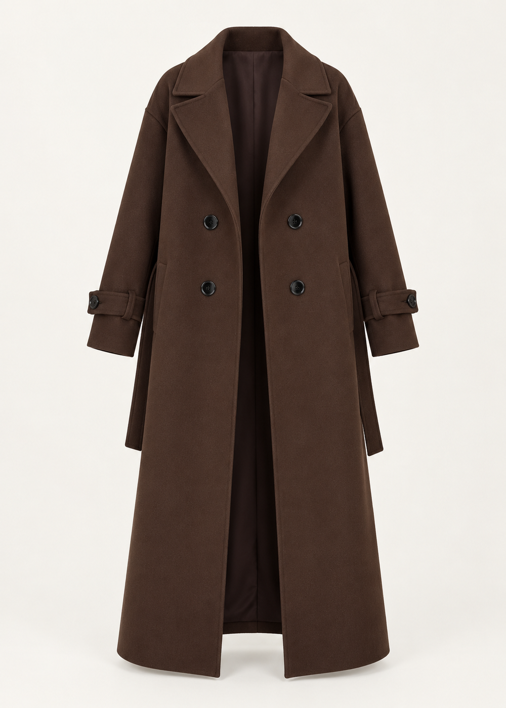 Manteau long brun foncé à double boutonnage, pièce isolée de face